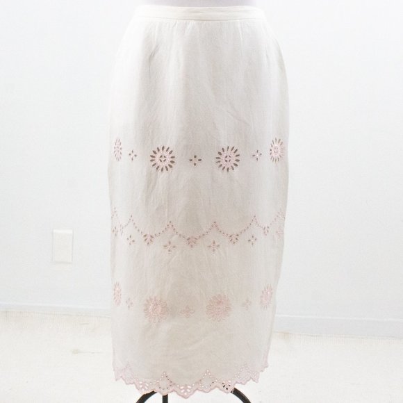 Vintage Boho Eyelet Skirt 12 Linen Pencil Midi White - Picture 8 of 9